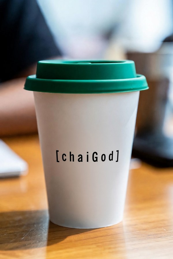 Chai God to-go cup with green lid