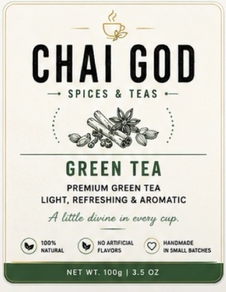 Chai God Green Tea label: premium green tea, light, refreshing and aromatic