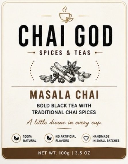 Chai God Masala Chai label: bold black tea with traditional chai spices