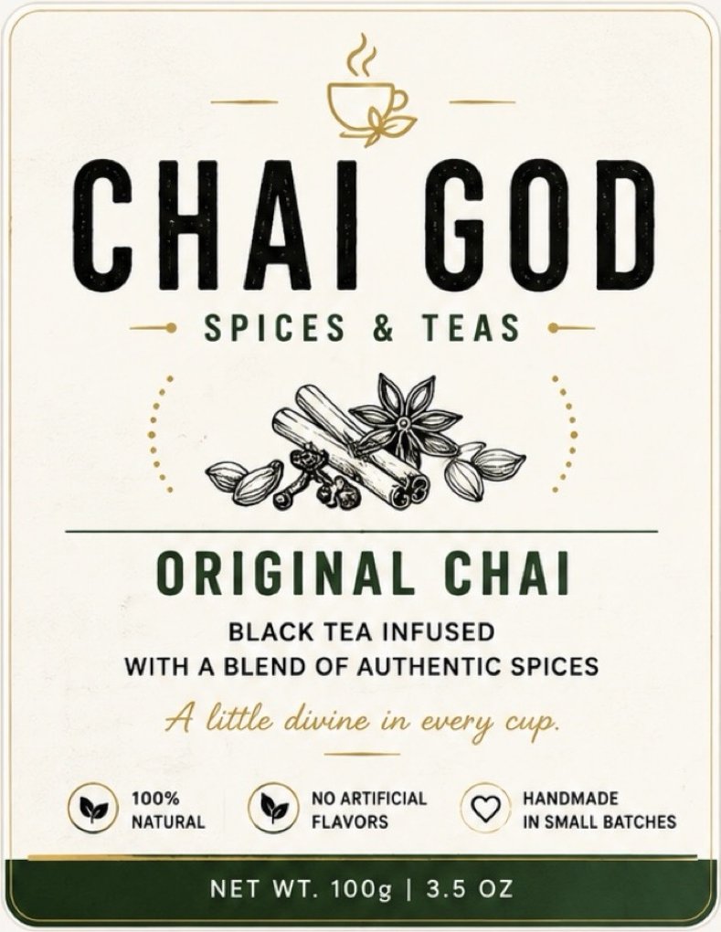 Chai God Original Chai label: black tea infused with a blend of authentic spices