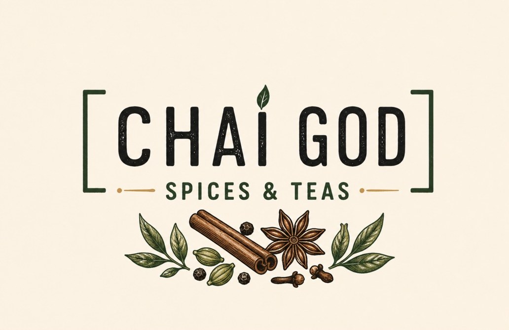 Chai God — Spices & Teas logo: the wordmark in green brackets above cinnamon sticks, star anise, cardamom, cloves and tea leaves